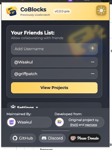 User-supplied CoBlocks popup showing friends, View Projects, and Settings in dark mode