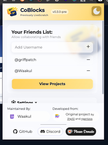 User-supplied CoBlocks popup showing Add Username, the friends list, View Projects, and Settings in light mode