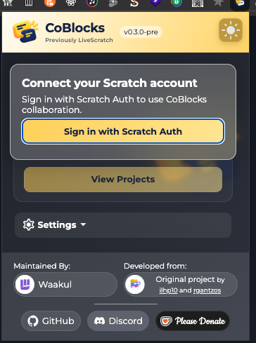 CoBlocks popup with the Connect your Scratch account dialog and Sign in with Scratch Auth button